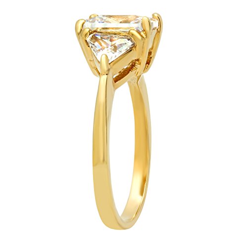 The Bling Factory Gold Plated Emerald-Cut Crystal-Clear Clear CZ Three-Stone Ring, Size 4