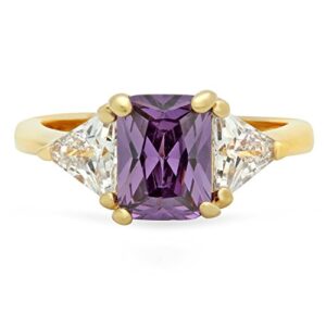 The Bling Factory Gold Plated Emerald-Cut Violet Purple CZ Three-Stone Ring, Size 6.5