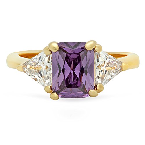 The Bling Factory Gold Plated Emerald-Cut Violet Purple CZ Three-Stone Ring, Size 6.5