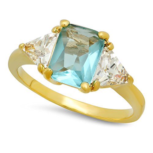 The Bling Factory Gold Plated Emerald-Cut Light Teal Blue CZ Three-Stone Ring, Size 7.5