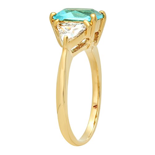 The Bling Factory Gold Plated Emerald-Cut Light Teal Blue CZ Three-Stone Ring, Size 7.5