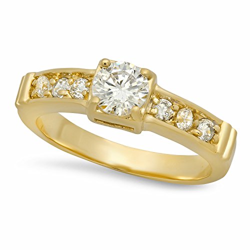 The Bling Factory 5.5mm Gold Plated Small Round CZ Solitaire Ring w/CZ Band, Size 5