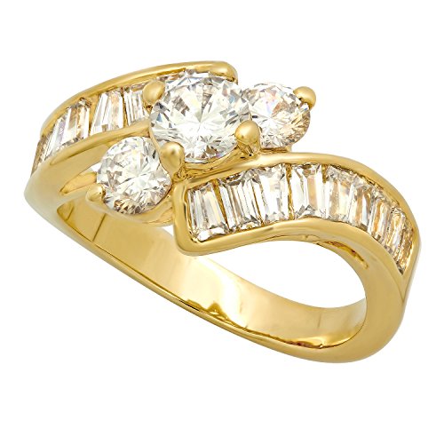 The Bling Factory 14k Gold Plated Cubic Zirconia Engagement Ring, 3-Stone Round + Channel Set Baguette CZs, Size 6