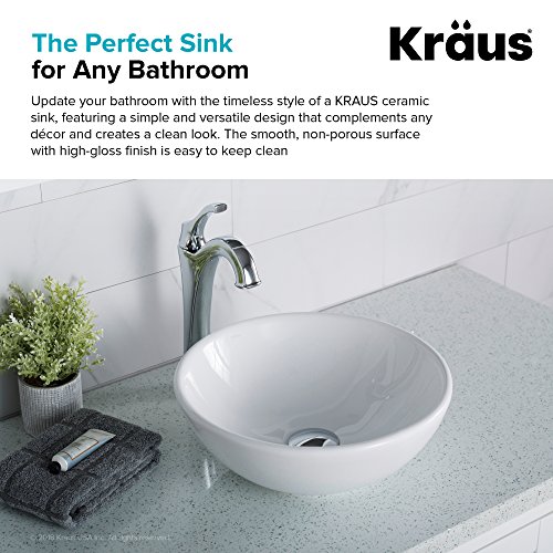 KRAUS Elavo Round Vessel White Porcelain Ceramic Bathroom Sink, 14 inch KCV-341