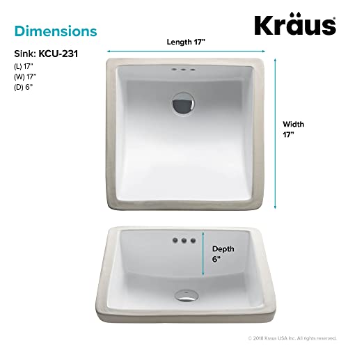 KRAUS Elavo 17-inch Square Undermount White Porcelain Ceramic Bathroom Sink with Overflow, KCU-231