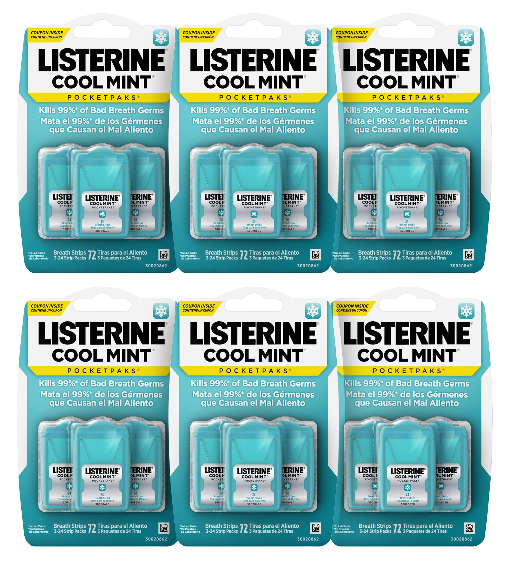 Listerine Cool Mint PocketPaks Portable Breath Strips for Bad Breath, Fresh Breath Strips to Kill 99% of Bad Breath Germs* On-The-Go, Cool Mint Flavor, 72 Count (Pack of 6)