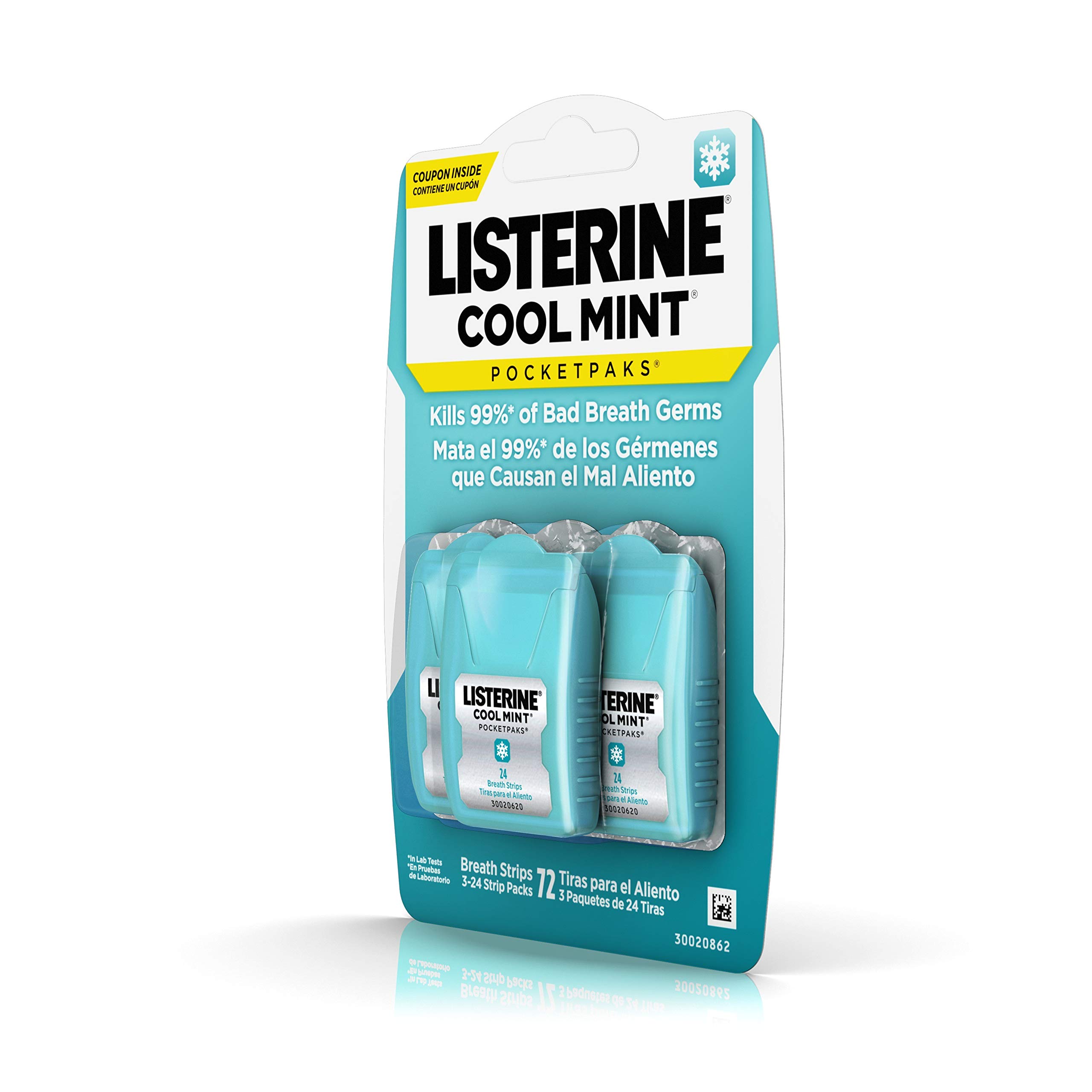 Listerine Cool Mint PocketPaks Portable Breath Strips for Bad Breath, Fresh Breath Strips to Kill 99% of Bad Breath Germs* On-The-Go, Cool Mint Flavor, 72 Count (Pack of 6)