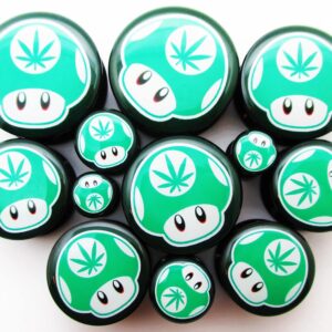 Pierced Republic Green 1-Up Mushroom Pot Leaf Ear Plugs - Acrylic Screw-On - 10 Sizes - *Pair* (0 Gauge (8mm))