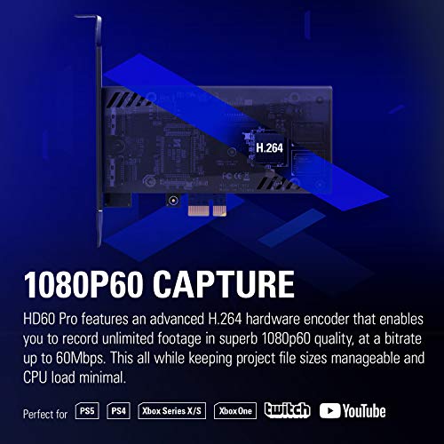 Elgato HD60 Pro1080p60 Capture and Passthrough, PCIe Capture Card, Low-Latency Technology, PS5, PS4, Xbox Series X/S, Xbox One, black