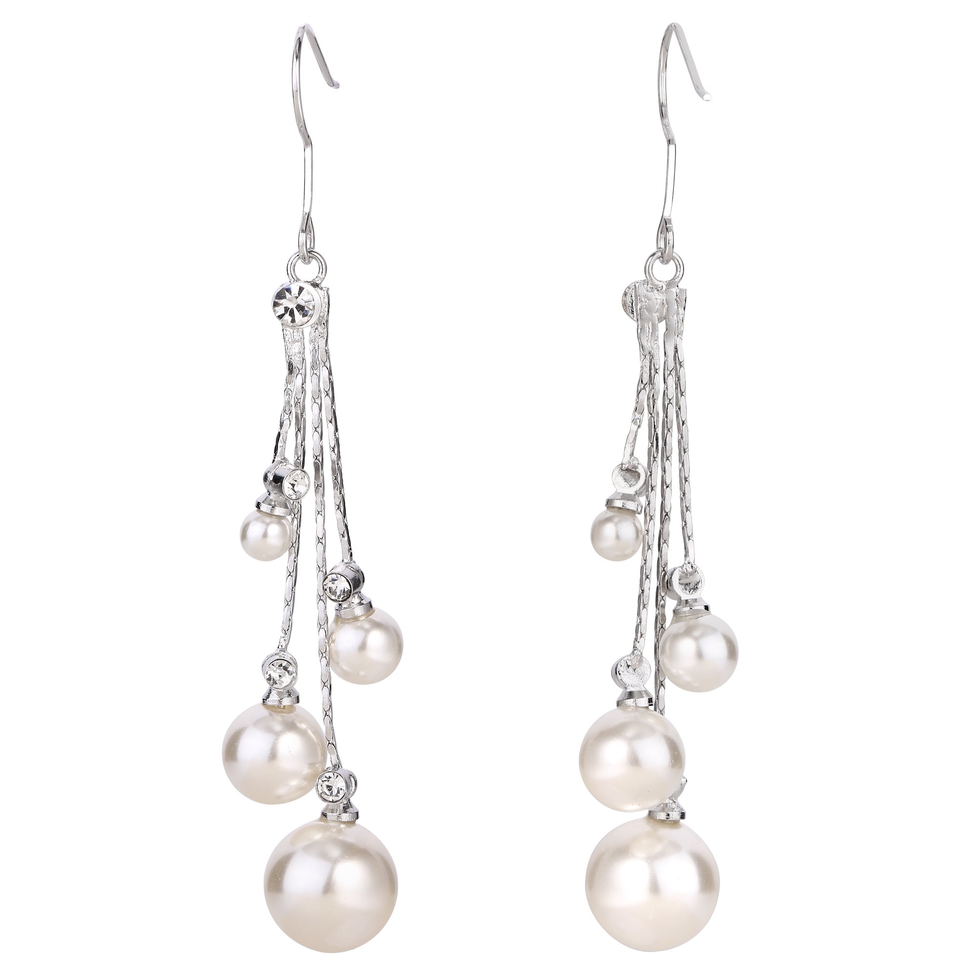 EleQueen Women's Silver-tone Crystal Simulated Pearl 4 Chain Bridal Long Dangle Hook Earrings Ivory Color