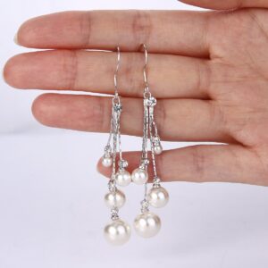 EleQueen Women's Silver-tone Crystal Simulated Pearl 4 Chain Bridal Long Dangle Hook Earrings Ivory Color