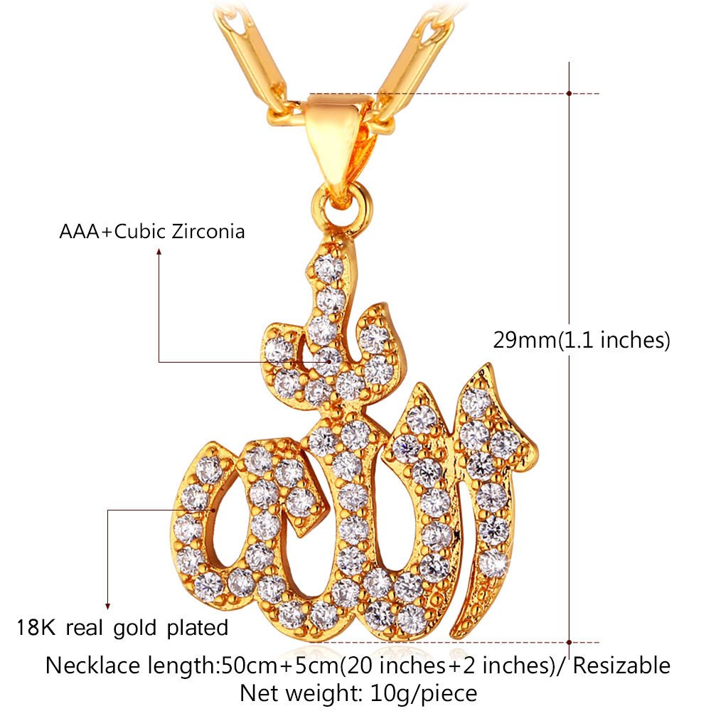 U7 Cubic Zirconia Allah Pendant Necklace Women 18K Gold Plated Mulsim Jewelry