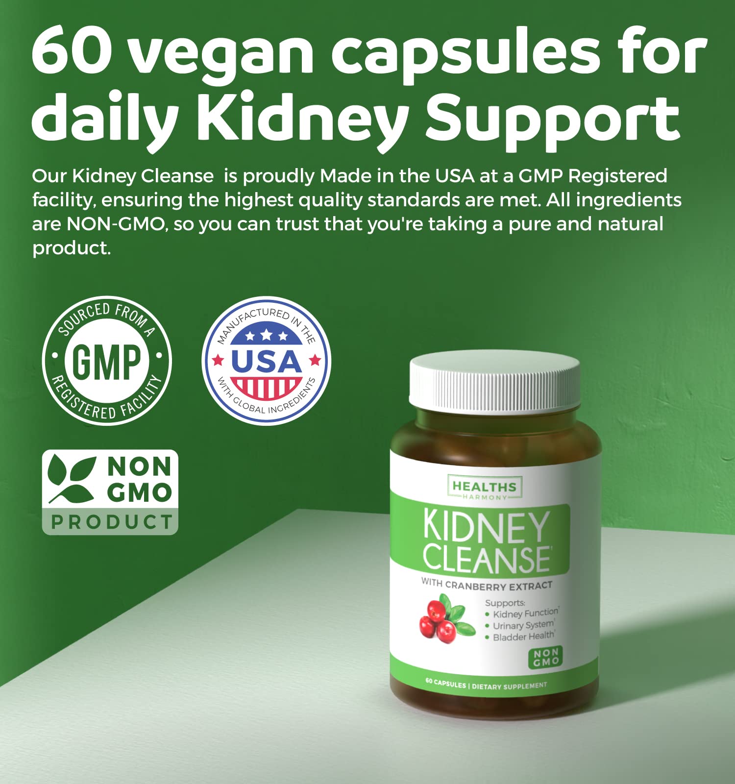 Kidney Cleanse Detox & Repair (Non-GMO) Support Urinary Tract and Bladder Control - Powerful VitaCran Cranberry Extract & Natural Herbs - Kidney Health Supplement - 60 Vegetarian Capsules (No Pills)