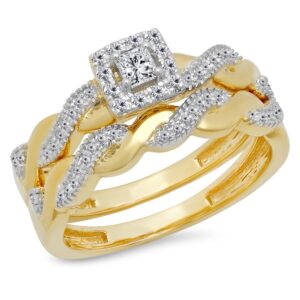 Dazzlingrock Collection 0.35 Carat (Ctw) 14K Princess & Round White Diamond Engagement Ring Wedding Set, Yellow Gold, Size 8.5