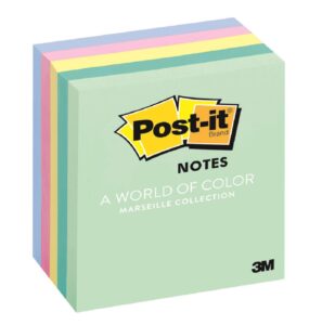 post-it notes, 3x3 in, 5 pads, america's #1 favorite sticky notes, marseille collection, pastel colors (pink, mint, yellow), recyclable (654-ast)