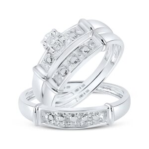 sizes - l = 6, m = 12 - 925 sterling silver round diamond trio three ring set - matching his and hers engagement ring & wedding bands - prong set solitaire center setting shape (.07 cttw.) - please use drop down menu to select your desired ring sizes