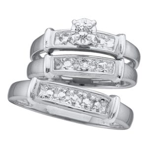 Sizes - L = 6, M = 12 - 925 Sterling Silver Round Diamond Trio Three Ring Set - Matching His and Hers Engagement Ring & Wedding Bands - Prong Set Solitaire Center Setting Shape (.07 cttw.) - Please use drop down menu to select your desired ring sizes