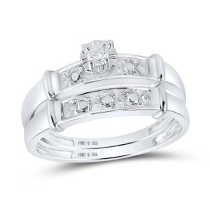 Sizes - L = 6, M = 12 - 925 Sterling Silver Round Diamond Trio Three Ring Set - Matching His and Hers Engagement Ring & Wedding Bands - Prong Set Solitaire Center Setting Shape (.07 cttw.) - Please use drop down menu to select your desired ring sizes