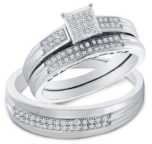 Sizes - L = 4, M = 9.5 - 10k White Gold Diamond Micro Pave Mens And Ladies Couple His & Hers Trio 3 Three Ring Bridal Matching Engagement Wedding Ring Band Set (1/4 cttw.) - Please use drop down menu to select your desired ring sizes