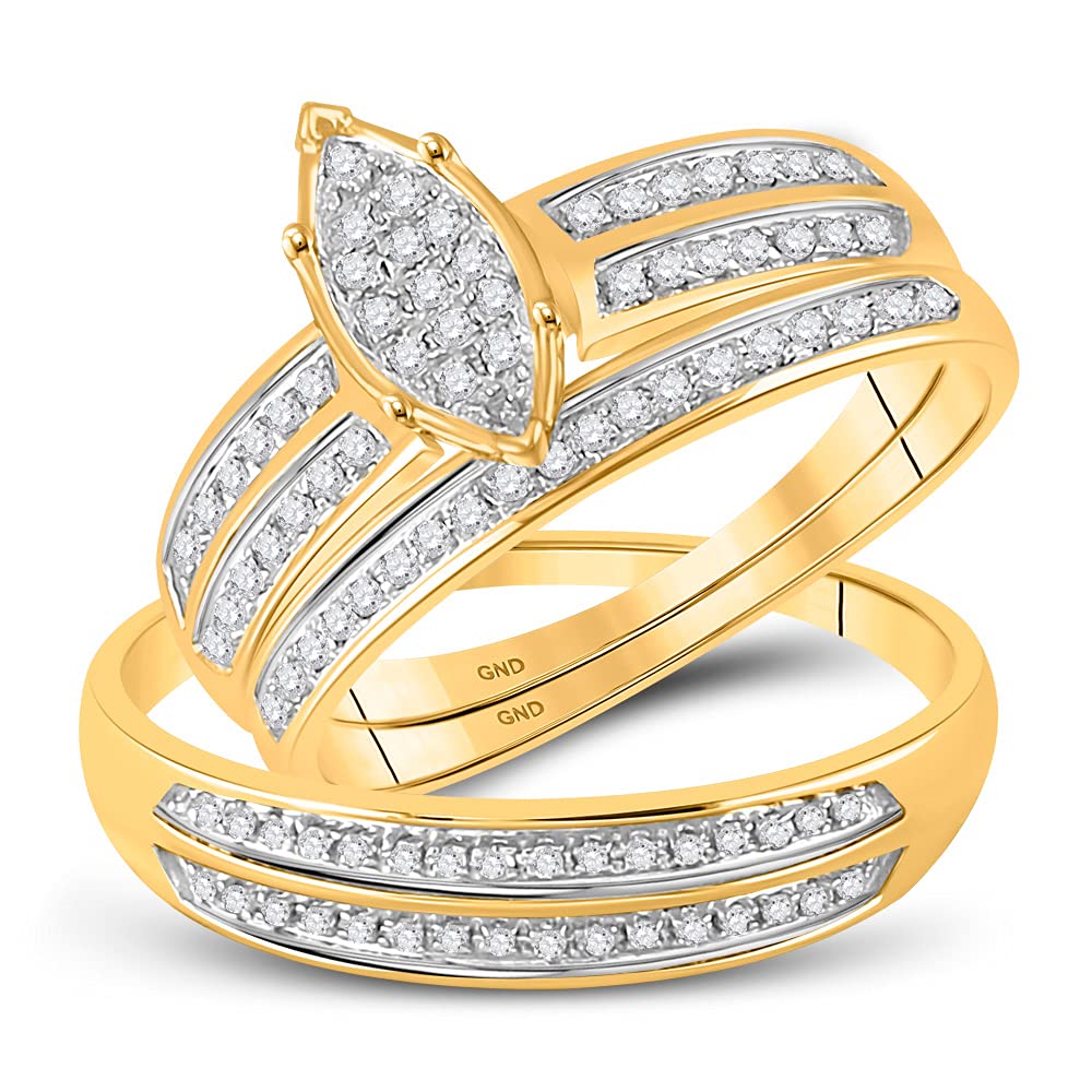 Sizes - L = 9, M = 9 - 10K Yellow Two Tone Gold Round Diamond Trio Three Ring Set - Matching His and Hers Engagement Ring & Wedding Bands - Micro Pave Marquise Center Setting Shape (.28 cttw.) - Please use drop down menu to select your desired ring sizes