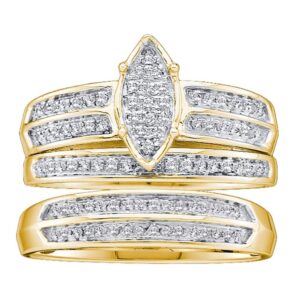 Sizes - L = 9, M = 9 - 10K Yellow Two Tone Gold Round Diamond Trio Three Ring Set - Matching His and Hers Engagement Ring & Wedding Bands - Micro Pave Marquise Center Setting Shape (.28 cttw.) - Please use drop down menu to select your desired ring sizes