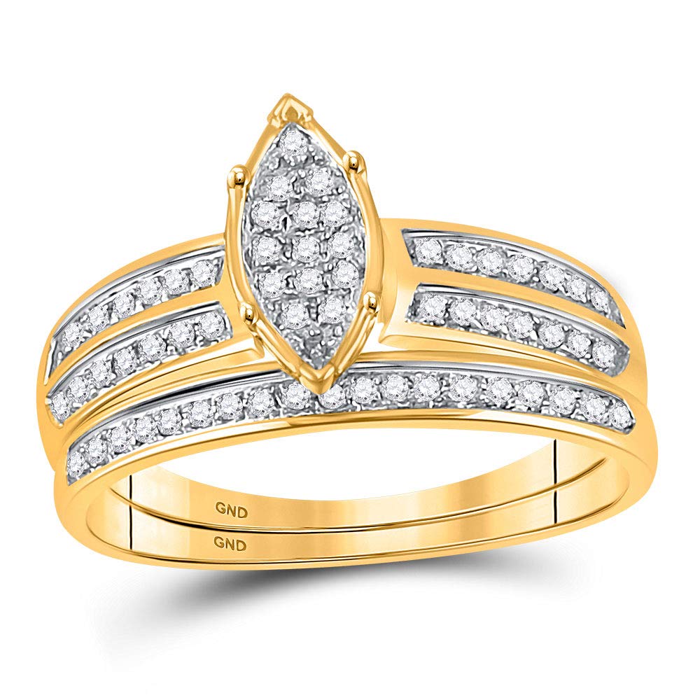 Sizes - L = 9, M = 9 - 10K Yellow Two Tone Gold Round Diamond Trio Three Ring Set - Matching His and Hers Engagement Ring & Wedding Bands - Micro Pave Marquise Center Setting Shape (.28 cttw.) - Please use drop down menu to select your desired ring sizes