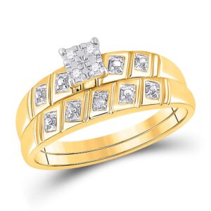 Sizes - L = 7, M = 10 - 10k Yellow Gold Mens and Ladies Couple His & Hers Trio 3 Three Ring Bridal Matching Engagement Wedding Ring Band Set - Round Diamonds - Princess Shape Center Setting (.08 cttw) - Please use drop down menu to select your desired rin