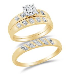 sizes - l = 7.5, m = 10.5 - 10k yellow two tone gold round diamond halo circle trio three ring set - matching his and hers engagement ring & wedding bands - prong set solitaire center setting shape (1/10 cttw.) - please use drop down menu to select your d