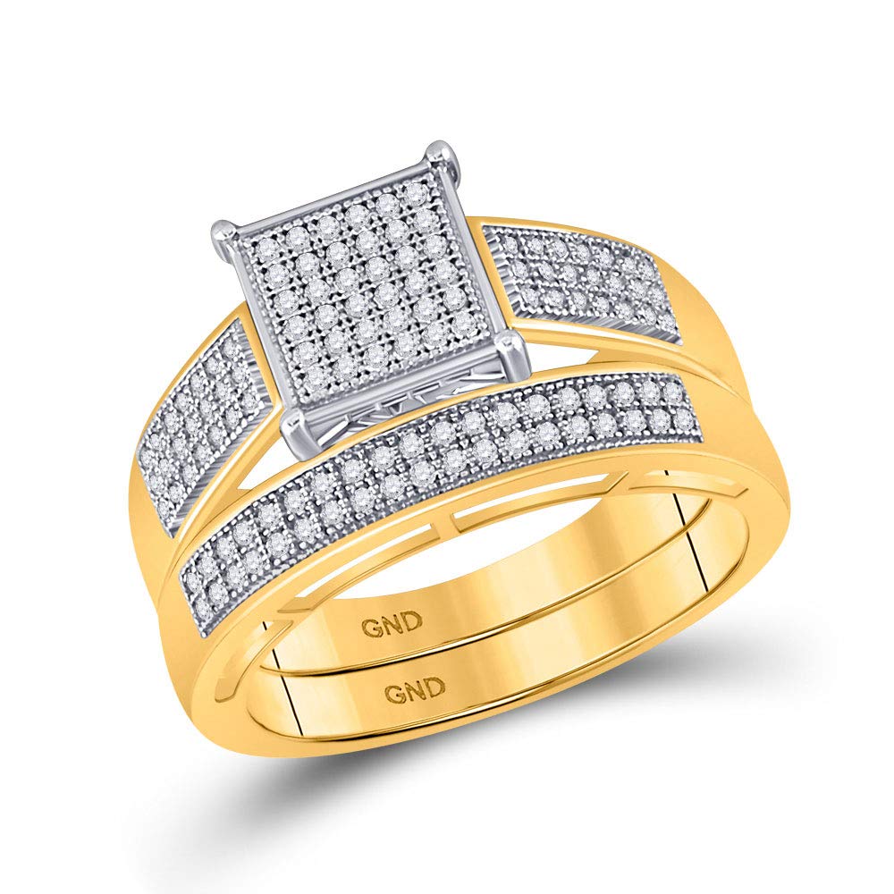 Sizes - L = 4.5, M = 9.5 - 10k Yellow Gold Mens and Ladies Couple His & Hers Trio 3 Three Ring Bridal Matching Engagement Wedding Ring Band Set - Round Diamonds - Micro Pave Princess Shape Center Setting (3/5 cttw) - Please use drop down menu to select yo