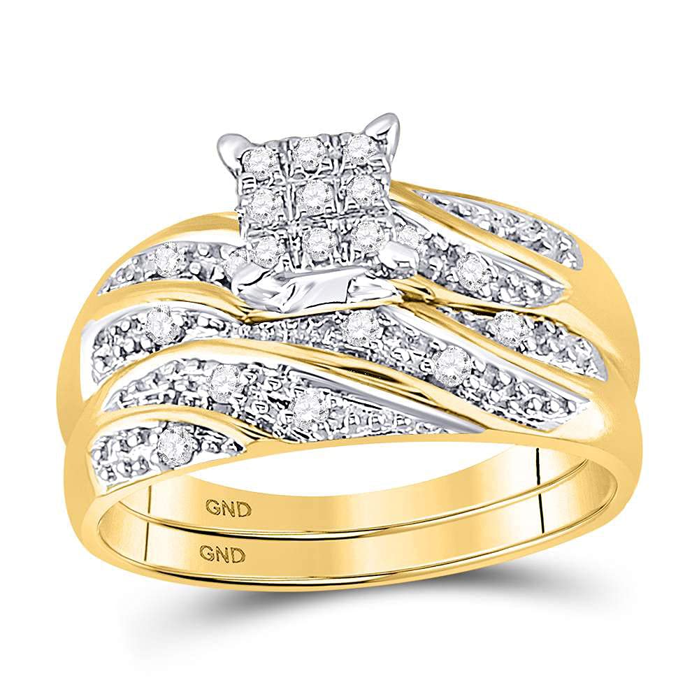 Sizes - L = 6, M = 8 - 14k Yellow Gold Mens and Ladies Couple His & Hers Trio 3 Three Ring Bridal Matching Engagement Wedding Ring Band Set - Round Diamonds - Princess Shape Center Setting (1/4 cttw) - Please use drop down menu to select your desired ring