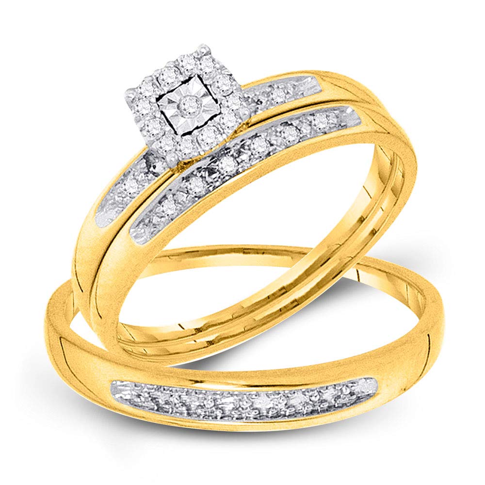 Sizes - L = 7.5, M = 10 - 10K Yellow Two Tone Gold Round Diamond Halo Circle Trio Three Ring Set - Matching His and Hers Engagement Ring & Wedding Bands - Prong Set Solitaire Center Setting Shape (.08 cttw.) - Please use drop down menu to select your desi