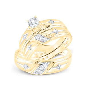 Sizes - L = 9.5, M = 12 - 10k Yellow Gold Diamond Cross on Side Mens And Ladies Couple His & Hers Trio 3 Three Ring Bridal Matching Engagement Wedding Ring Band Set (0.15 cttw.) - Please use drop down menu to select your desired ring sizes