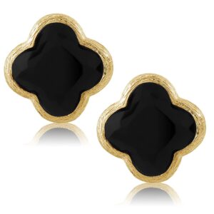 Gem Stone King 18K Yellow Gold Plated Silver Flower Shape Clover Designs Black Onyx Diamond Cut Stud Earrings For Women