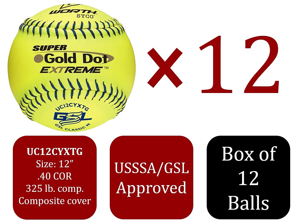 Worth | Slowpitch Softballs | GSL Approved | 12 Count | Multiple Options, Gold Dot Extreme - Composite Leather Cover - Optic Yellow