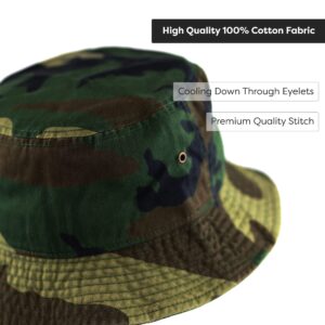 The Hat Depot 300N Unisex 100% Cotton Packable Summer Travel Bucket Hat (S/M, Woodland Camouflage)