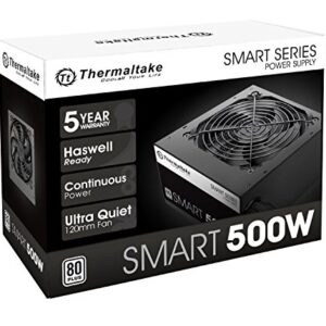 Thermaltake Smart 500W 80+ White Certified PSU, Continuous Power with 120mm Ultra Quiet Cooling Fan, ATX 12V V2.3/EPS 12V Active PFC Power Supply PS-SPD-0500NPCWUS-W