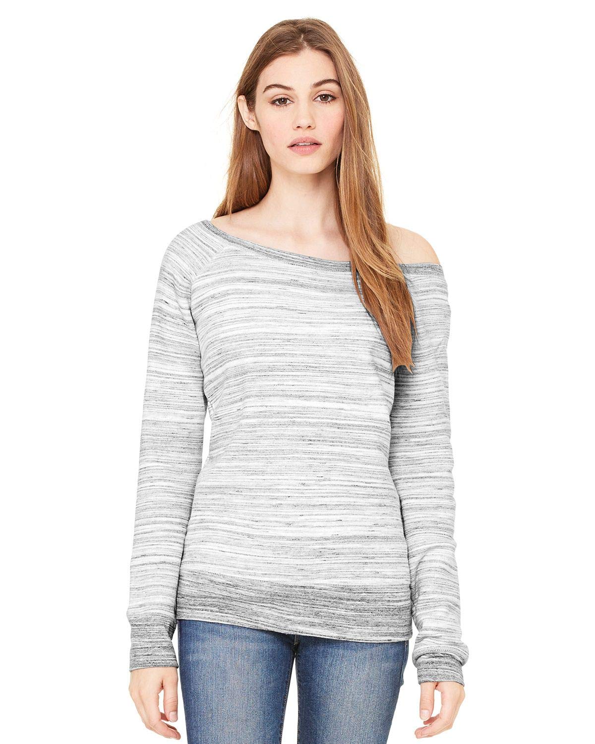 Bella + Canvas Ladies Fleece Wide Neck Sweatshirt, Small, LT Grey Marble