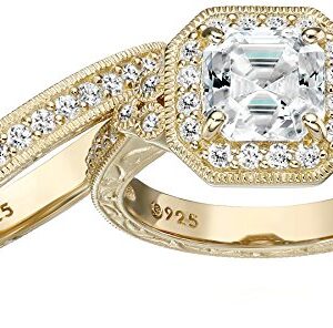 Amazon Essentials Yellow Gold Plated Sterling Silver Infinite Elements Cubic Zirconia Asscher Antique Wedding Ring, Size 5, (previously Amazon Collection)