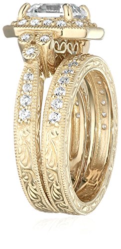 Amazon Essentials Yellow Gold Plated Sterling Silver Infinite Elements Cubic Zirconia Asscher Antique Wedding Ring, Size 5, (previously Amazon Collection)