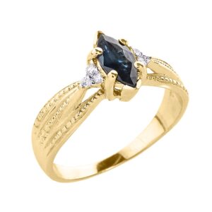 Solid 14k Yellow Gold September Birthstone Blue Sapphire and Diamond Proposal Ring (Size 7.5)