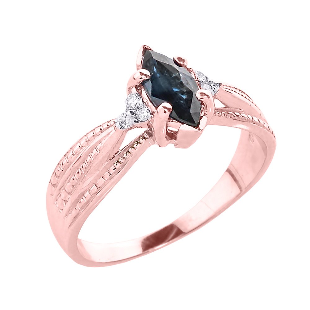 Solid 10k Rose Gold September Birthstone Blue Sapphire and Diamond Proposal Ring (Size 7.25)