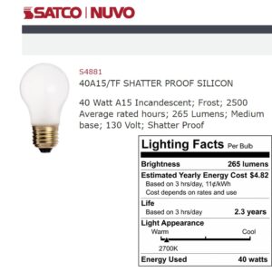 Satco S4881 40 Watt A15 Incandescent; Frost; 2500 Average rated hours; 265 Lumens; Medium base; 130 Volt; Shatter Proof (6 Incandescent Frosted Bulb)