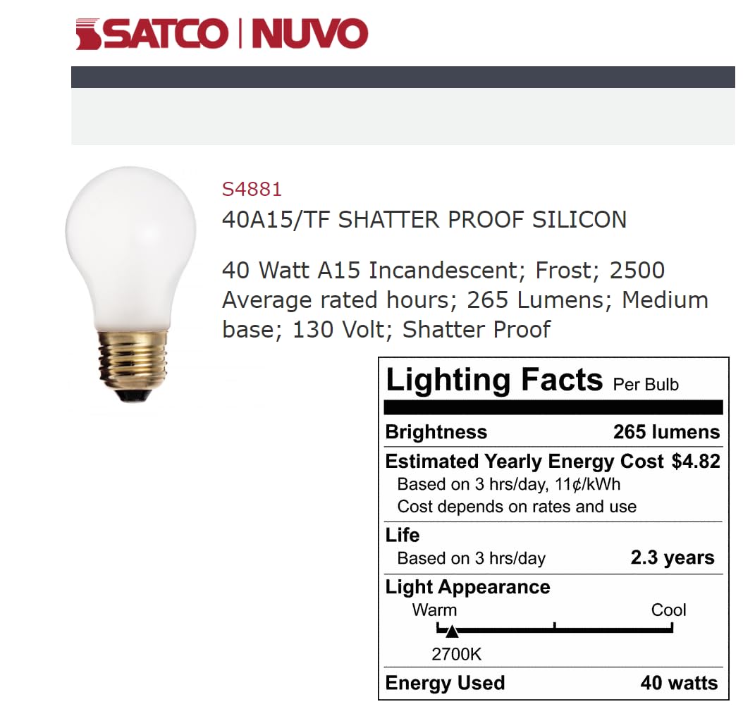 Satco S4881 40 Watt A15 Incandescent; Frost; 2500 Average rated hours; 265 Lumens; Medium base; 130 Volt; Shatter Proof (6 Incandescent Frosted Bulb)