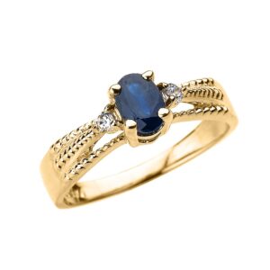 birthstone engagement rings solid 10k yellow gold elegant blue sapphire and diamond proposal ring (size 7.5)