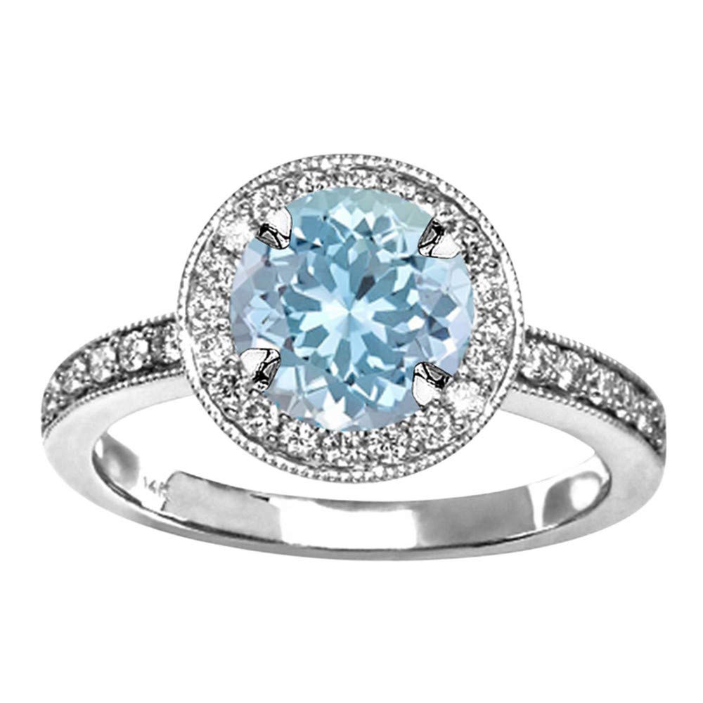 Houston Diamond District 1.35 Carat t.w- 14K White Gold Halo Style Vintage Engagement Ring With Milgrain 1 Round Cut Blue Aquamarine Heirloom Quality