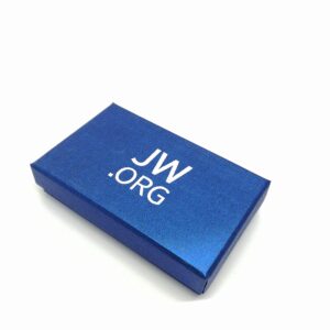 round jw.org metal necktie clip and lapel pin set with gift box -blue background-gold color