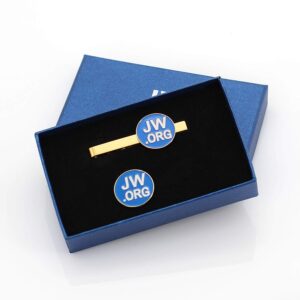 Round Jw.org Metal Necktie Clip and Lapel Pin Set with Gift Box -Blue Background-Gold Color