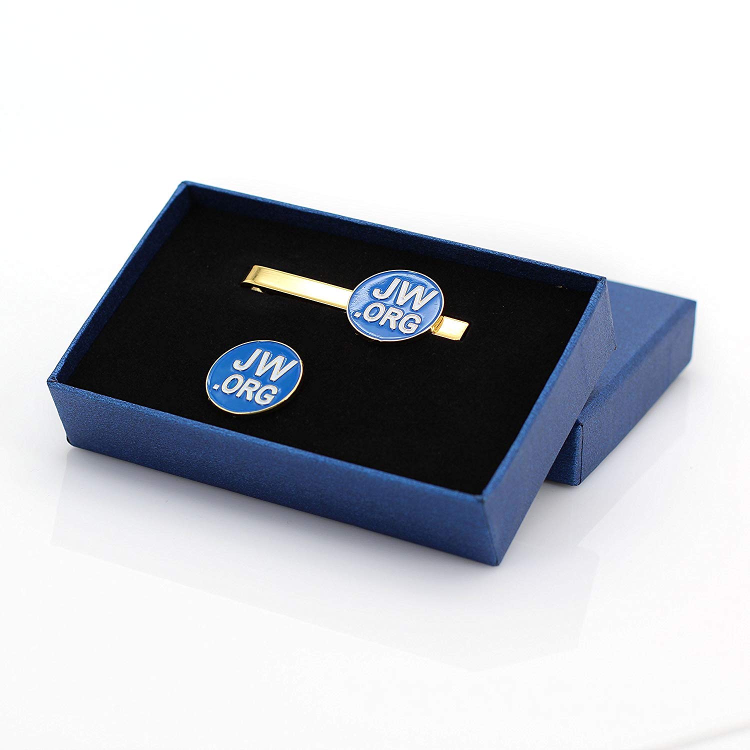 Round Jw.org Metal Necktie Clip and Lapel Pin Set with Gift Box -Blue Background-Gold Color