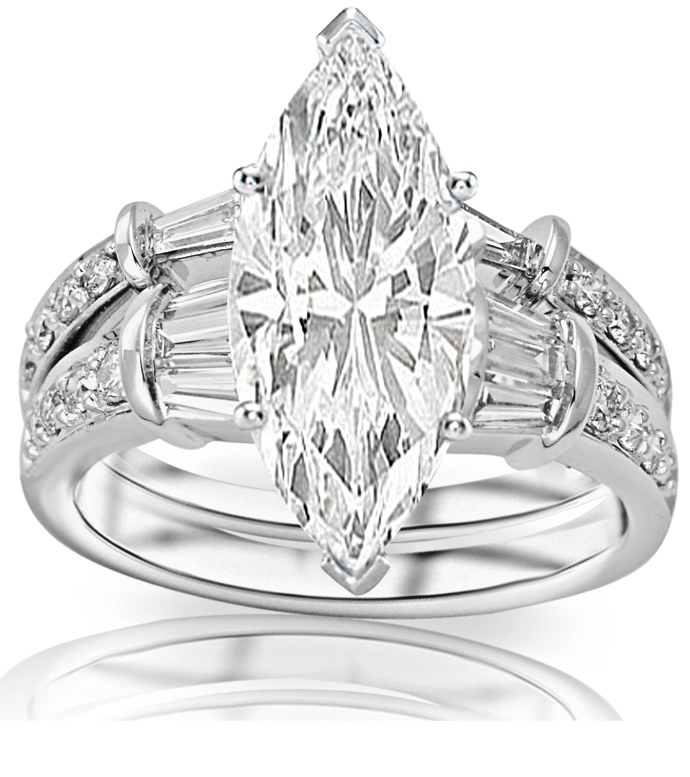 Houston Diamond District 1.58 Carat t.w. GIA Certified Marquise Cut 14K White Gold Baguette And Round Brilliant Engagement Ring Wedding Band Set (I-J Color VS1-VS2 Clarity Center Stones)