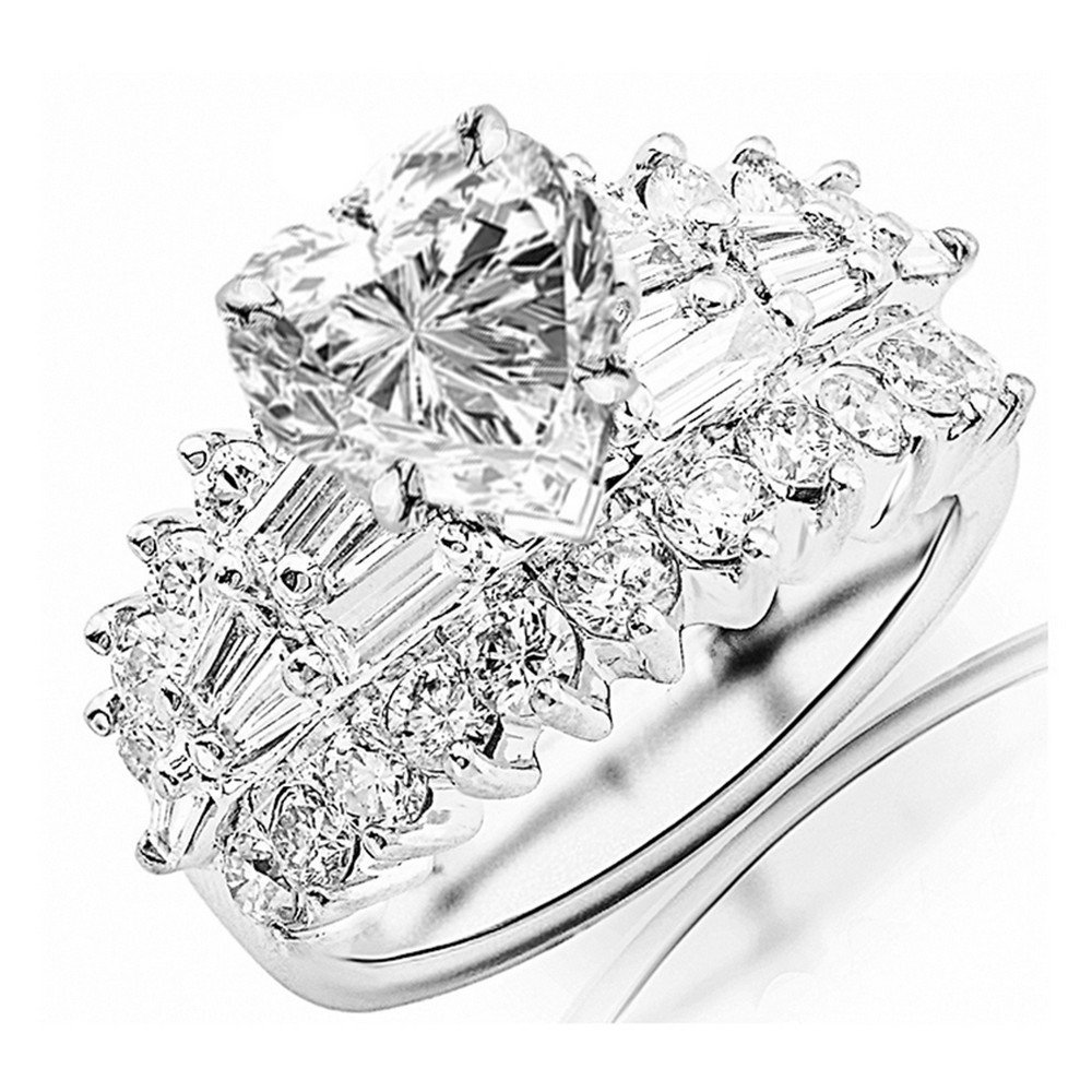 Houston Diamond District 2.9 Carat t.w. GIA Certified Heart Cut 14K White Gold Exquisite Prong Set Bageutte And Round Diamond Engagement Ring (I-J Color VS1-VS2 Clarity Center Stones), 5.5